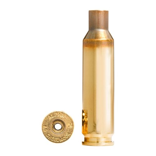 Alpha 6.5mm Creedmoor brass med OCD-teknologi för längre livslängd på tändhylsor och höljen, levereras i 100-pack med skyddande förpackning.
