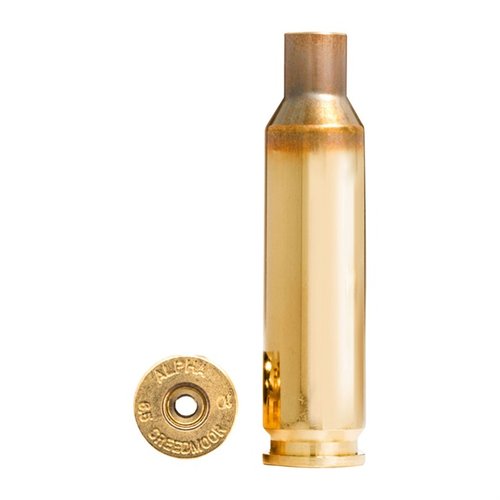 Alpha Munitions 6.5mm Creedmoor brass med OCD-teknologi för längre livslängd på tändhylsor och hylsor, levereras i 100-pack med skyddande förpackning.