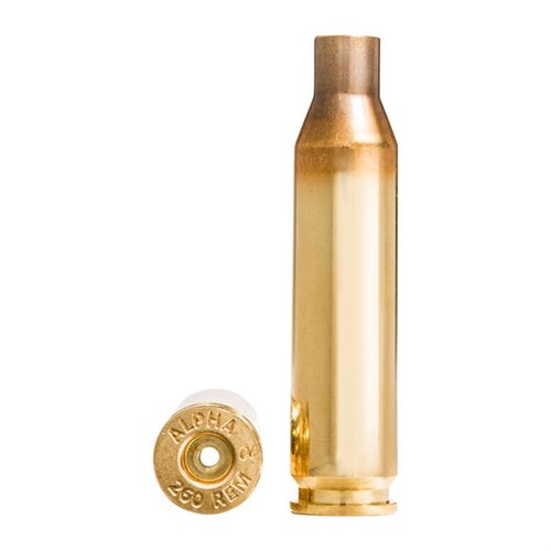 Alpha Munitions 260 Remington brass med OCD-teknologi ger längre livslängd för tändhål och hylsor, finns med Large eller Small Rifle prime pockets.