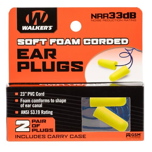 Walkers Corded Foam Earplugs ger 32 dB ljuddämpning och är kopplade för att inte försvinna, perfekt för skytte och kommunikation på skjutbanan.