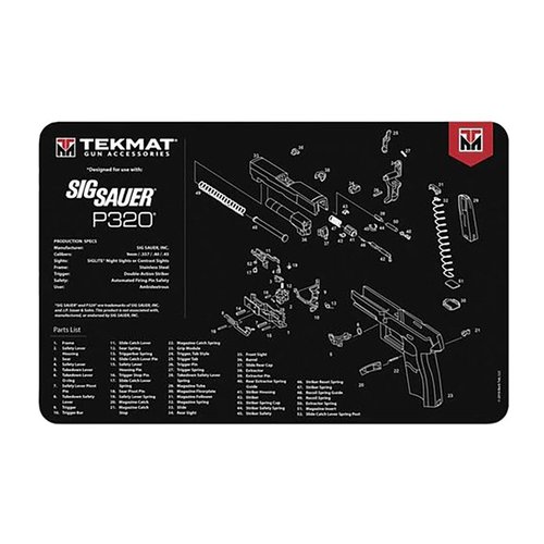 TEKMAT Pistol Gun Cleaning Mat skyddar din SIG Sauer P320 under rengöring, med en mjuk polyesteröverdel och halkfri neoprenbakgrund för stabilitet.