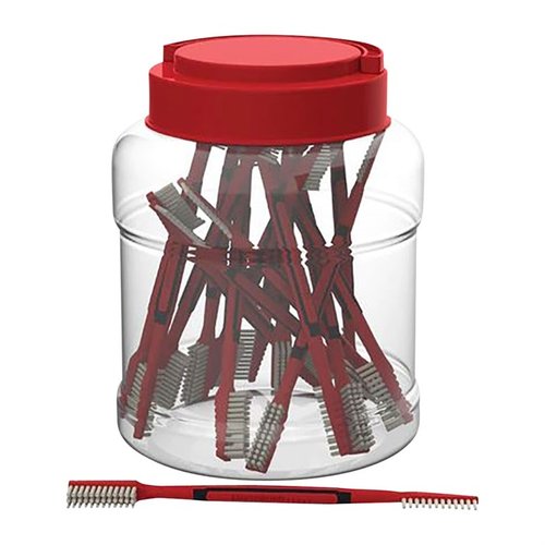 DUAL END NYLON CLEANING BRUSHES 25PK erbjuder ergonomiska handtag, skonsam rengöring av delikat blueing och gravyr, samt lätt förvaring i praktisk tub.
