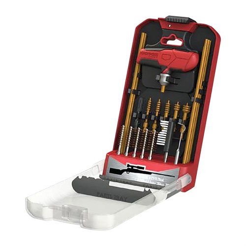 RIFLE CLEANING KIT är en 21-delars universalrengöringskit med en unik handtag som säkrar verktygen och en kickstand-funktion för enkel åtkomst.