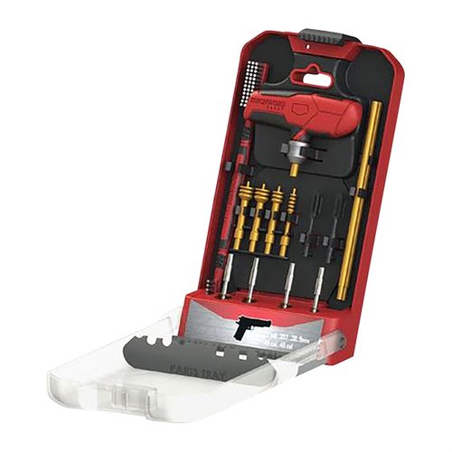 BIRCHWOOD CASEYs 16-delars universal handgun cleaning kit har ett anpassat handtag med låsande chuck och en innovativ design som skyddar och visar verktygen.
