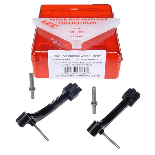 Lee Primer Attachment möjliggör enkel konvertering mellan olika primerstorlekar för Pro 1000 Press, inklusive stora och små troughs, primer pins och fjädrar.