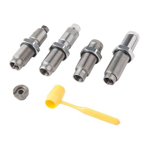 ULTIMATE RIFLE 4-DIE SET ger maximal mångsidighet med full längd-resizing die, Collet Neck sizing die, Easy Adjust Dead Length Bullet Seating Die och Factory Crimp Die.