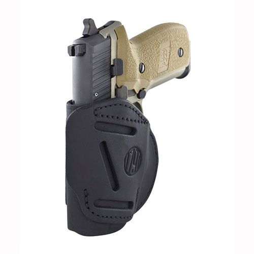 4-Way Holster i certifierad amerikansk nötköttsläder möjliggör vertikal, horisontell, cross-draw eller IWB bärande, och anpassas för lampor och lasrar.