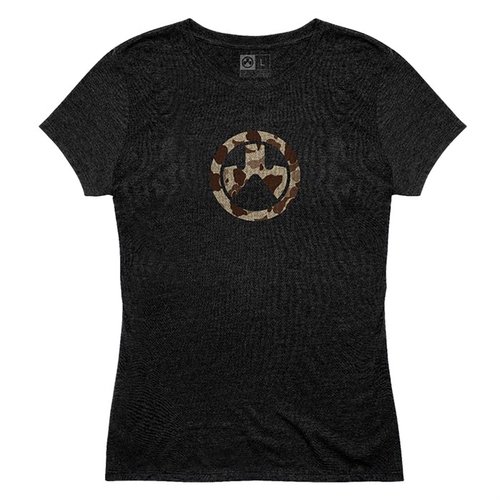 Magpul RAIDER CAMO T-shirt i svart, tillverkad av 52% kammad ring-spun bomull och 48% polyester, med en bekväm, tag-less etikett och hållbar sömnad.