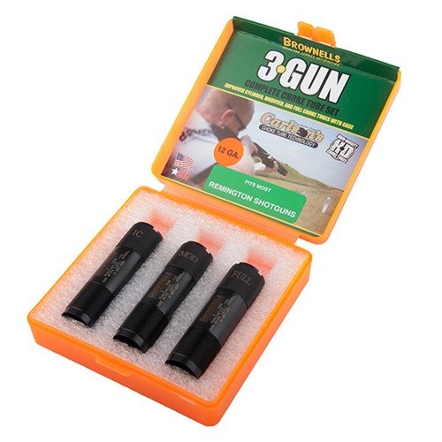 Brownells 3-Gun Extended Choke Tube Set för Remington erbjuder tre choker i rostfritt stål för exakt anpassning och bättre skottmönster vid tävlingar.