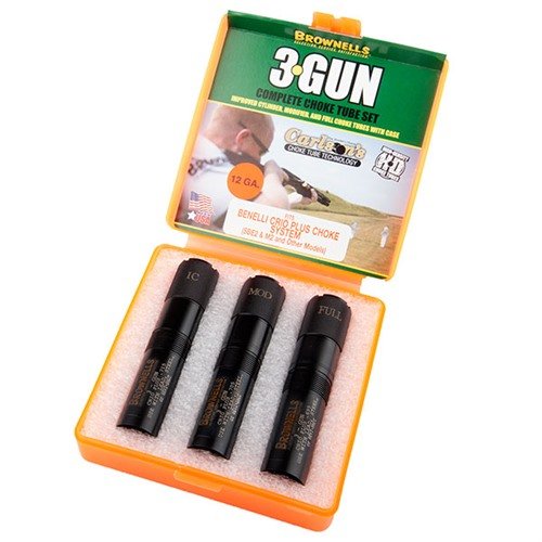 Brownells 3-Gun Extended Choke Tube Set i 1704 rostfritt stål ger exakt kontroll med Full, Improved Cylinder och Modified för alla skjutstadier.