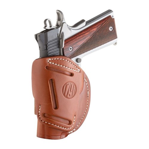 4 Way Holster Classic Brown RH storlek 1 erbjuder mångsidig bärning, högkvalitativ läderkonstruktion och säkerhet för din pistol, perfekt för alla skjutningsäventyr.