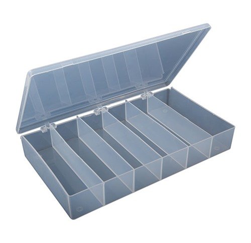 Tåliga, genomskinliga COMPARTMENT BOXES i klar polypropylen, resistenta mot oljor och lösningsmedel, perfekt för snabb identifiering av innehåll.