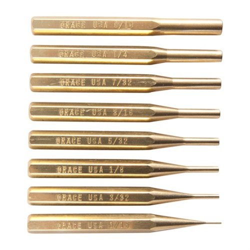 Grace USA Brass Punch Set erbjuder 8 precisionstillverkade, icke-märkningsverktyg i högkvalitativ mässing, perfekta för känsliga uppgifter och olika pinstorlekar.
