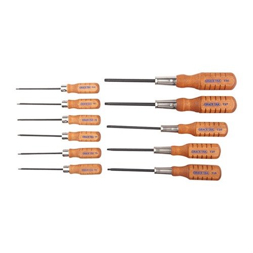 Grace USA:s 11-delade Star Screwdriver Set är tillverkad av högkvalitativt USA 8650 Chromium-Vanadium stål, med noggrant passande handtag i Maine-hårdträ.