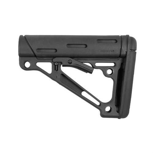 Hogues OverMolded® kollapsbara buttstock har förstärkt polymerkonstruktion, gummikinnstöd och en hybrid butt pad för smidig skjutning utan störningar.