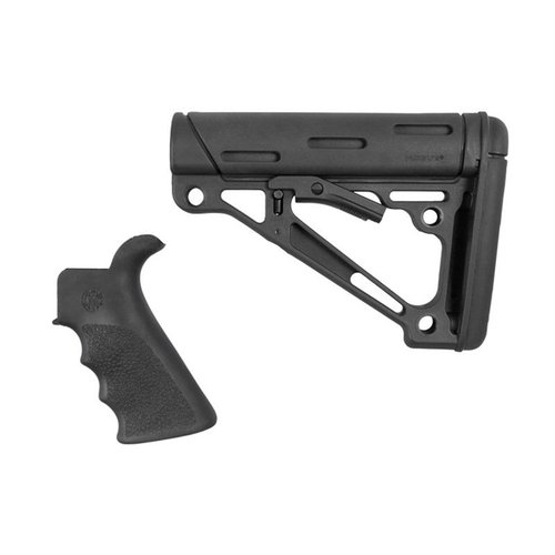 Hogue’s 2-delade kit erbjuder en finger grooved beavertail gummigrepp och en kollapsbar buttstock för komfort, stabilitet och mångsidig montering.