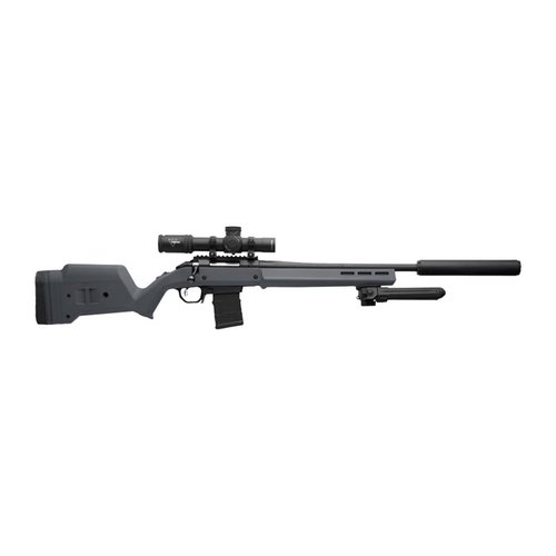 Hunter American Stock med STANAG Magazine Well erbjuder justerbar längd, ergonomisk design, M-LOK kompatibilitet och kräver ingen gunsmithing för installation.