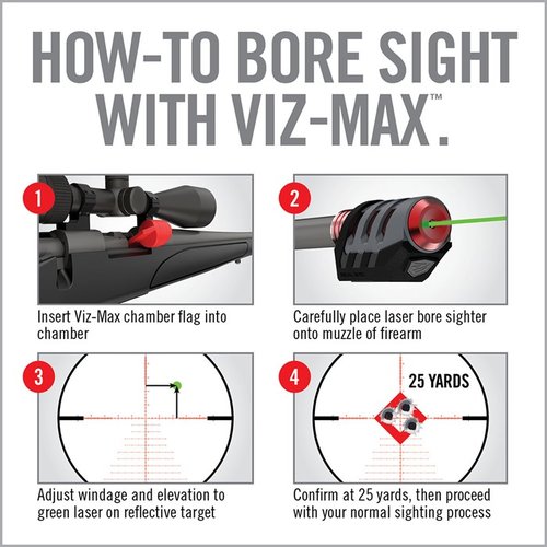 VIZ-MAX BORE SIGHTER ger en enkel och exakt metod för att sikta din bössa med en kraftfull grön laser för optimal synlighet i dagsljus.