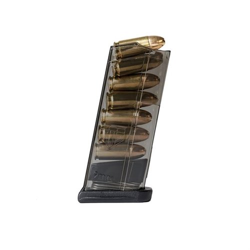 ETS genomskinliga polymermagasin för Glock 43 erbjuder lättviktsdesign, snabb synlighet av laddning, och långvarig hållbarhet utan att deformeras.