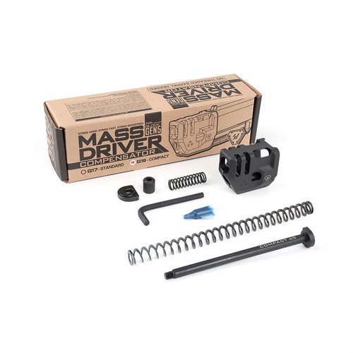 Strike Industries Mass Driver Compensator ger minskat rekyl och högre cykelhastighet utan permanent modifiering av vapnet, passar GLOCK 19 och 17.