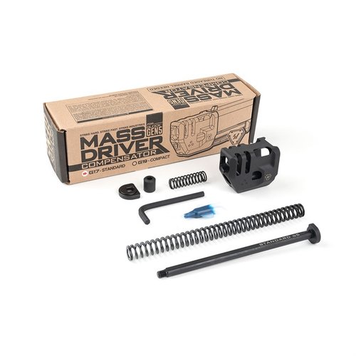 Strike Industries Mass Driver Compensator minskar rekyl, kräver ingen trådad pipa, passar GLOCK™ och har en smidig design för öppna hölster.