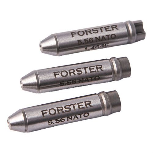Forsters 5.56 Armorers Headspace Gauge Kit innehåller Go, midrange och max field gauges som möjliggör enkel kontroll av huvudutrymmet utan att ta isär bolten.
