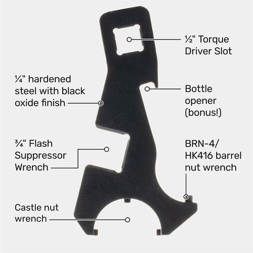 BRN-4/HK416 Combo Wrench är en allt-i-ett nyckel med verktyg för castle nut, barrel nut och flash hider, samt ½" drive ratchet för enkel användning.