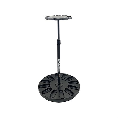 Stabil Lazy Susan-rack i stål och plywoodlaminat för 12 långvapen, med justerbar höjd och säker förvaring, perfekt för visning och enkel åtkomst.