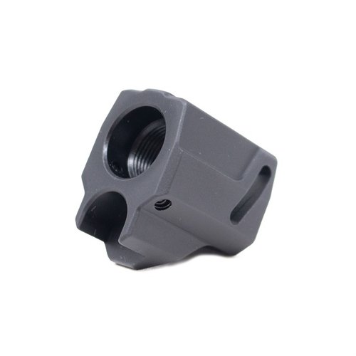 Faxon EXOS-525 Pistol Compensator för SIG P365/365XL minskar rekyl och muzzlekontroll med unika vinklade portar, tillverkad av 6061 aluminium med svart anodisering.