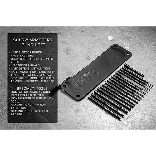SOLGW Armorer's kit innehåller 16 QPQ-behandlade verktyg, inklusive Flat Tip Punches, Roll Pin Punches och specialverktyg för effektiv och skonsam montering.