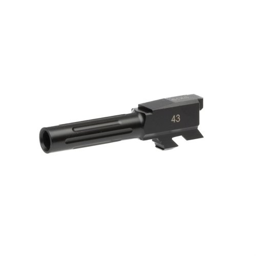 Fluted Match-Grade Barrel för Glock® tillverkat av 416R rostfritt stål med Black Nitride yta, perfekt för uppgradering eller ersättning av fabriksbarrel.