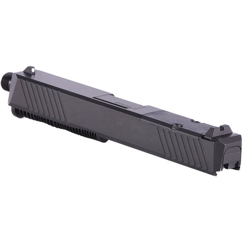 Komplett slide för Glock 19 med alternativ för trådad eller portad pipa, inkluderar RMR-monteringsplats och är helt assemblerad för enkel uppgradering.