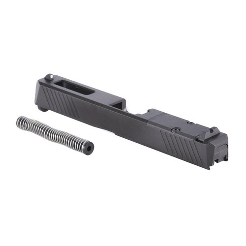 Komplett slide för Glock 43, med val av standard, portad eller trådad pipa; monterad för reflexsikte och inkluderar alla delar för snabb uppgradering.