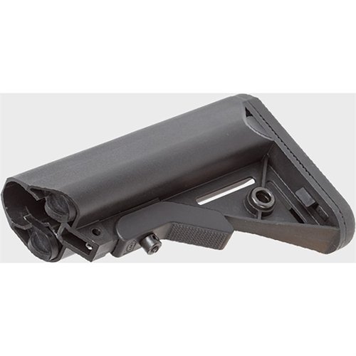 LMT SOPMOD buttstock erbjuder en hållbar polymerkonstruktion, gummiyta för bättre grepp, förbättrad cheek weld, vattentäta förvaringsutrymmen och QD swivel inserts.