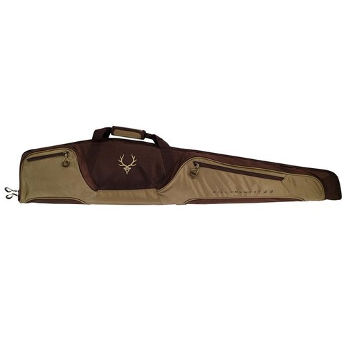 HILL COUNTRY II RIFLE CASE erbjuder robust 1680D-konstruktion, tjockt inre skum, och två stora fickor för tillbehör, perfekt för jakt och skydd av ditt vapen.
