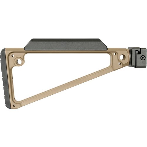 TRIANGLE SIDE FOLDING STOCK erbjuder en robust mekanism i 4140 stål, 5 QD slingfästen och en bekväm polymer kindstöd för optimal prestanda.