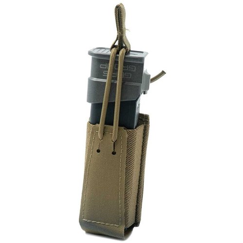 GBRS Group Single Pistol Mag Pouch erbjuder MOLLE/BELT-kompatibilitet, bungee-retention och smidig åtkomst för de flesta dubbelstaplade pistolmagasin.
