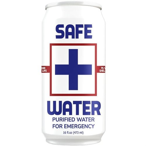 SAFE WATER erbjuder ultra-ren nödranson med 75 års hållbarhet, perfekt för beredskap med 24 burkar per fall, alltid klar att släcka din törst.