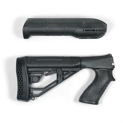 EX Performance justerbart kolv och förhand för Remington 870 erbjuder hållbar polymerkonstruktion, justerbar längd och integrerad picatinny rail för taktiska tillbehör.