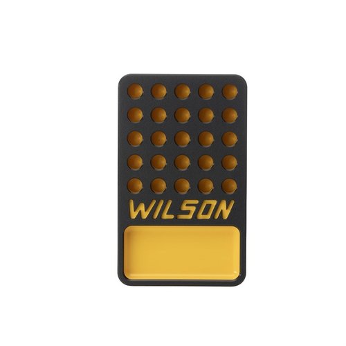 L.E. Wilson 25-runda återladdningstray med kopp erbjuder säker förvaring för 25 hylsor, hållbart HDPE-plast och hög synlighet i svart/gult.