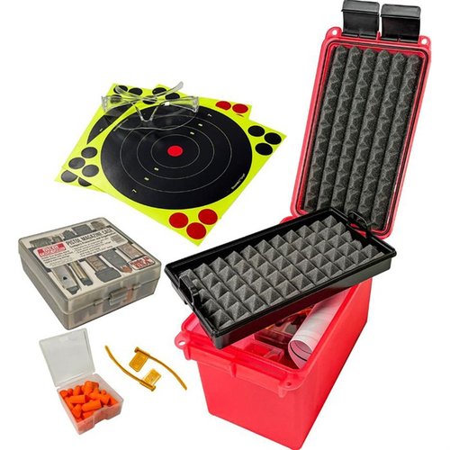 MTM PISTOL RANGE KIT innehåller allt du behöver för en dag på skjutbanan, inklusive en vattentät låda, ögonskydd, öronskydd och plats för handgranater.