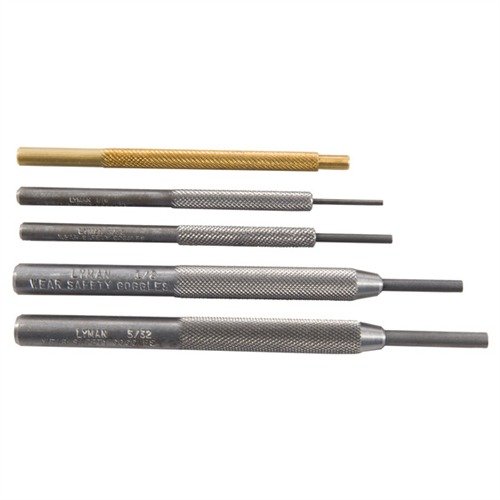 LYMAN PISTOL PUNCH SET erbjuder fem hållbara stål- och messingverktyg som säkerställer enkel demontering och montering av pistoler utan repor.