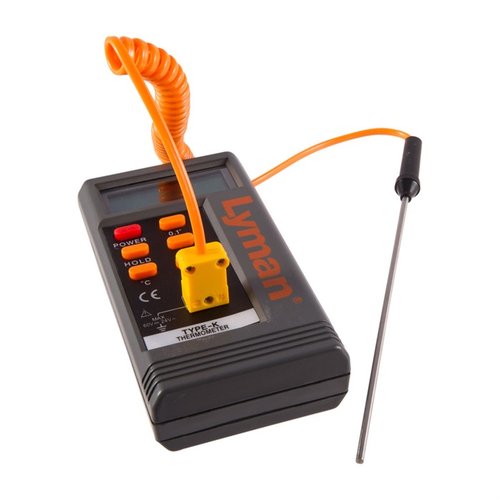 Lyman Digital Lead Thermometer erbjuder snabb och precis temperaturmätning under kulformning, med en 6-tums prob och avläsning i Fahrenheit och Celsius.