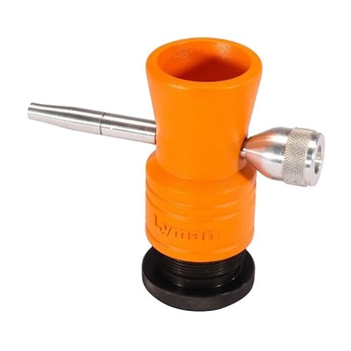 Lyman Brass Smith Powder Trickler har en justerbar höjd, stabil stålfot, stor hopper för mer pulver och precision med en stor ratt, perfekt för seriösa handladdare.
