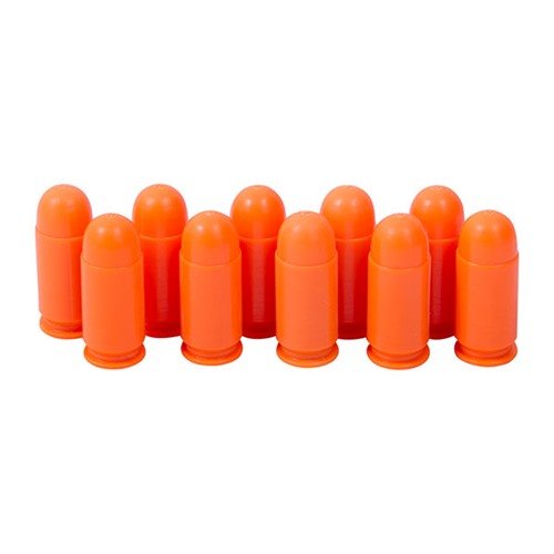 SAF-T-TRAINERS dummy rounds i orange plast ger tydlig skillnad från skarpa patroner, perfekt för träning och omedelbar åtgärd utan vikt och balansförvirring.
