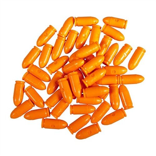 SAF-T-TRAINERS dummy rounds i orange plast är perfekta för träning, med en distinkt känsla för att undvika förväxling med verkliga patroner.