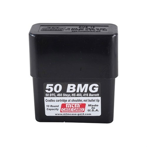 MTM Case-Gard Slip Top Rifle Ammo Box för 50 BMG rymmer 10 patroner, erbjuder skydd för kulspetsar och är perfekt för användare som föredrar en smidig design.