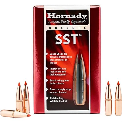Hornady SST-kulor erbjuder en strömlinjeformad profil för platta ballistik, snabb expansion med polymerspets och djup penetrering tack vare InterLock-funktionen.
