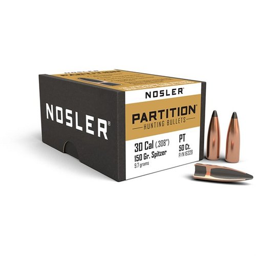 Nosler® Partition 30 kaliber kulor erbjuder överlägsen expansion, djup penetration och viktbehållning för maximalt genomslag och energiöverföring.