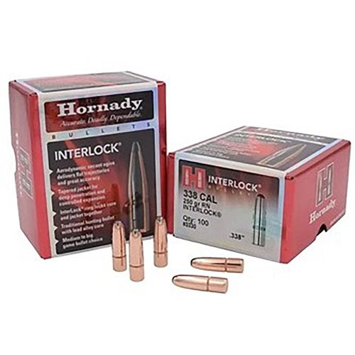 Hornady InterLock Bullets erbjuder en aerodynamisk secant ogive för platta kulbanor och hög precision, med en tapered jacket för djup penetrering och kontrollerad expansion.